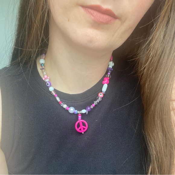 Peace of My Heart Beaded Pendant Necklace Silver Crystal Stone Evil Eye Heart - Picture 14 of 14